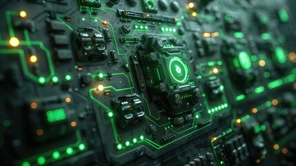 Obraz premium Iron wall decorated with green glowing electrical circuits.