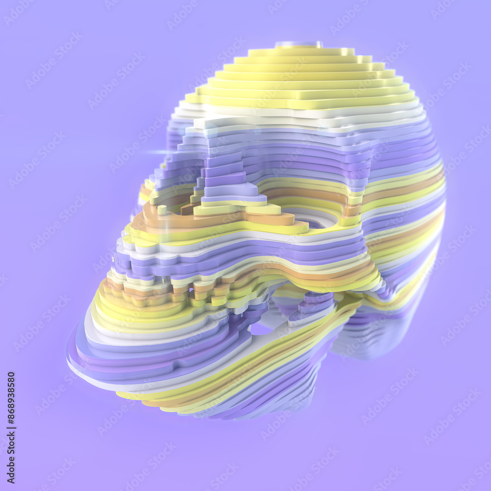 Poster colorful digital illustration of a skull composed of many layers of different colors. 3d rendering
