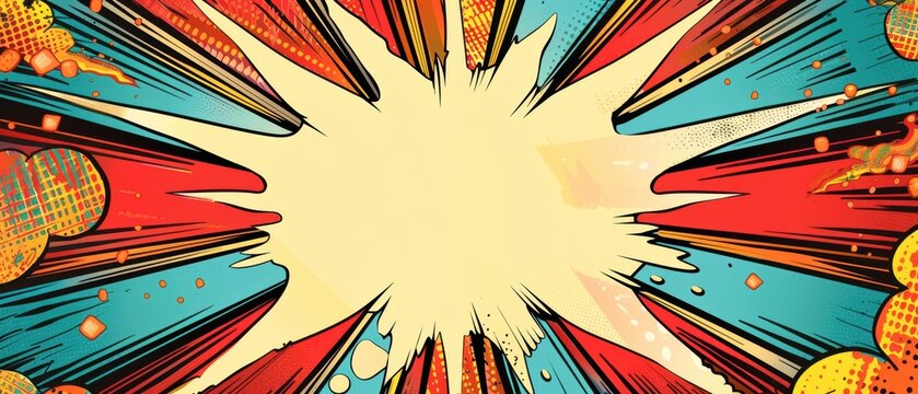 Vintage comic book explosion background with a large blank space for a birthday message, superhero theme, retro colors