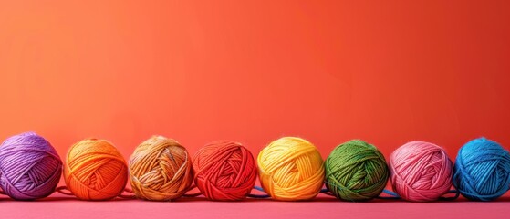 Rainbow yarn balls arranged in a row, knitting supplies, Pride month