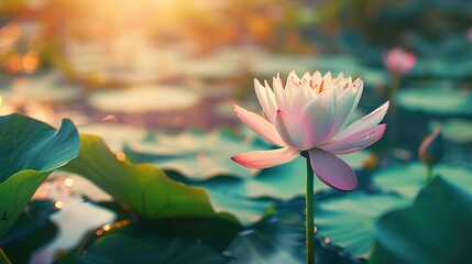Big Bloom pink and white lotus flowers with lotus leaf in the lake on the nature blur background.Beautiful Indian lotus with big green leaf in nature with sunlight. 
