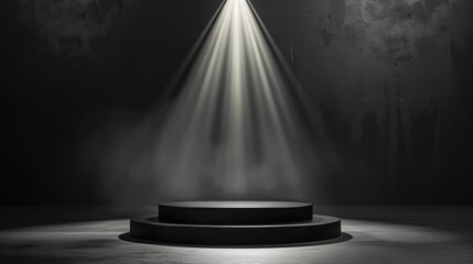 Elegant black podium with a subtle spotlight, luxury theme, dramatic elegance