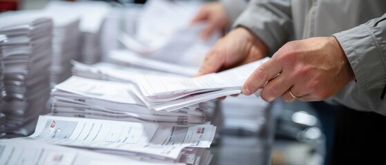 Election official's hands counting ballots, federal elections, vote tallying