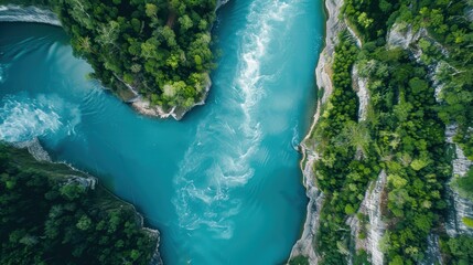 Drone view of a river with small hydroelectric plants, clean energy, sustainable water use