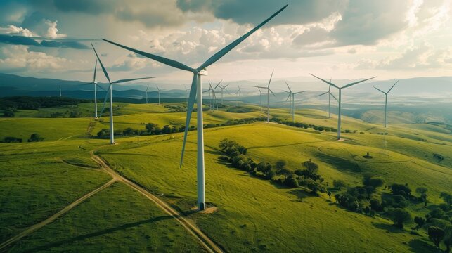 Drone view of a large green field dotted with wind turbines, wind energy, open landscape power