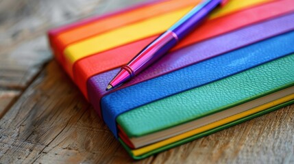 Fototapeta premium Close-up of a rainbow-colored notebook and pen, Pride journal, creative expression