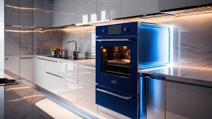digital artwork depicting a modern luxury blue oven, situated in a sleek