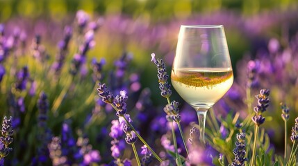 Glass of White Wine Amidst Lavender with Violet Flowers in the Background