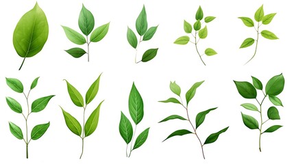 Set of green leaves isolated on white background. Generative Ai