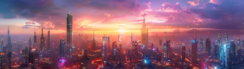 Fototapeta premium Digital painting of a futuristic city panorama at sunset, vibrant lights and towering skyscrapers , high resolution DSLR