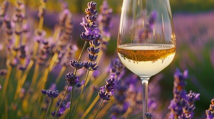 Lavender Field with Violet Flowers: Glass of White Wine in the Foreground
