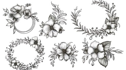 Fototapeta premium Set of Hand drawn wreath with wild flowers and leaves line art illustration isolated on white background. Circle floral frame in black ink sketch style. wedding invitation design. Generative Ai