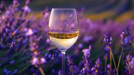 Lavender Field Scene: Glass of White Wine with Violet Flowers in the Background