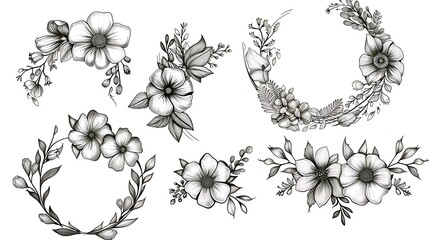 Set of Hand drawn wreath with wild flowers and leaves line art illustration isolated on white background. Circle floral frame in black ink sketch style. wedding invitation design. Generative Ai