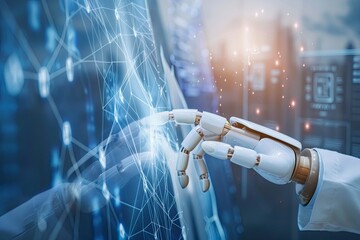 AI, Machine learning, Hands of robot and human touching on big data network connection background, Science and artificial intelligence technology, innovation and futuristic with generaive ai