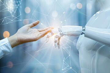 AI, Machine learning, Hands of robot and human touching on big data network connection background, Science and artificial intelligence technology, innovation and futuristic with generaive ai