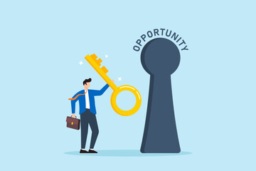 Businessman holding golden key to unlock Opportunity keyhole concept seizing chances for growth