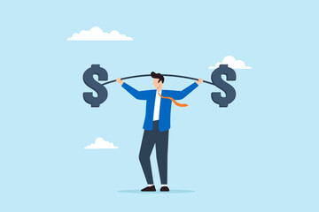 Businessman lifting heavy dollar sign weight concept financial burden responsibility and fiscal strength