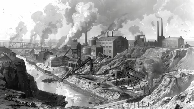 An industrial scene with smokestacks and a river