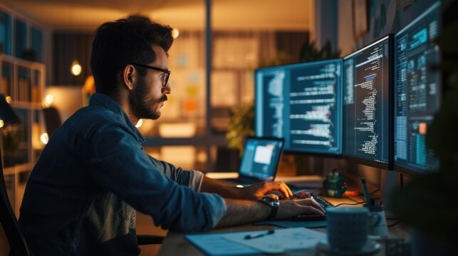 A software developer works on code late into the night, illuminated by the glow of multiple computer screens in a modern office. AIG41