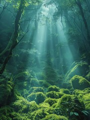 Obraz premium A mystical forest scene with sunlight streaming through the trees, illuminating the mossy ground.