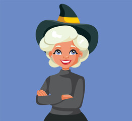 Happy Blonde Witch Standing with Arms Crossed Vector Cartoon. Cheerful woman feeling excited about Halloween party
