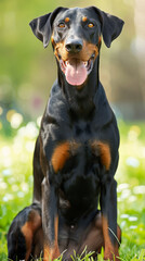 A cute black and brown doberman dog is sitting on the grass