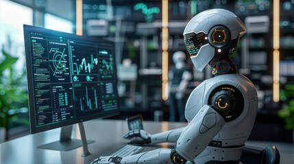 A high-tech robot working at a desk, analyzing data on multiple screens in a modern office setting, showcasing advanced AI and technology.