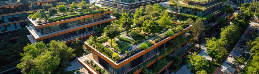 Fototapeta premium Aerial view of a contemporary apartment complex featuring extensive green rooftop gardens, showcasing sustainable and eco-friendly urban living.