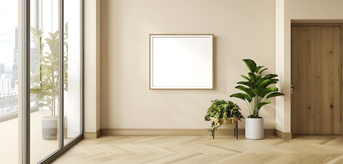 Beige wall in a modern corridor enhances minimalism with a small landscape blank frame mockup.
