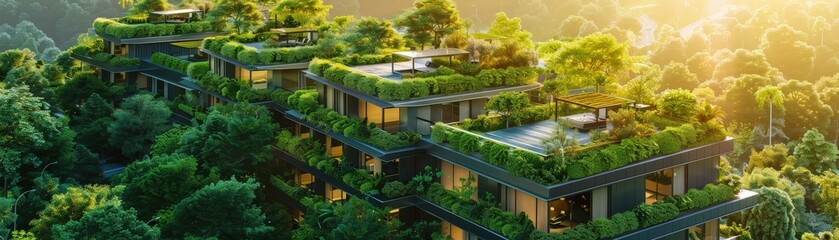 A stunning modern apartment building featuring lush green rooftop gardens, surrounded by a dense forest, captured at sunset.