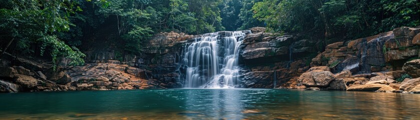 Obraz premium Beautiful waterfall cascading into a serene pool surrounded by lush greenery and rocky formations in a tropical forest.