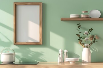 Elegant wooden details: small oval blank frame mockups on a tea green kitchen wall, wide angle.