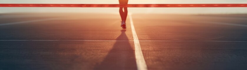 A person walks on a straight line towards a bright horizon.