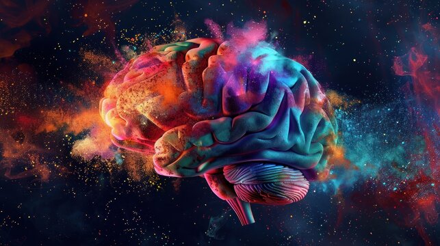 Concept art of the human brain exploding with colorful dust knowledge and creativity. Generating