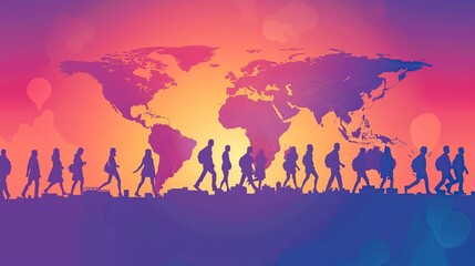 Naklejka premium Silhouettes of People Walking Towards a World Map