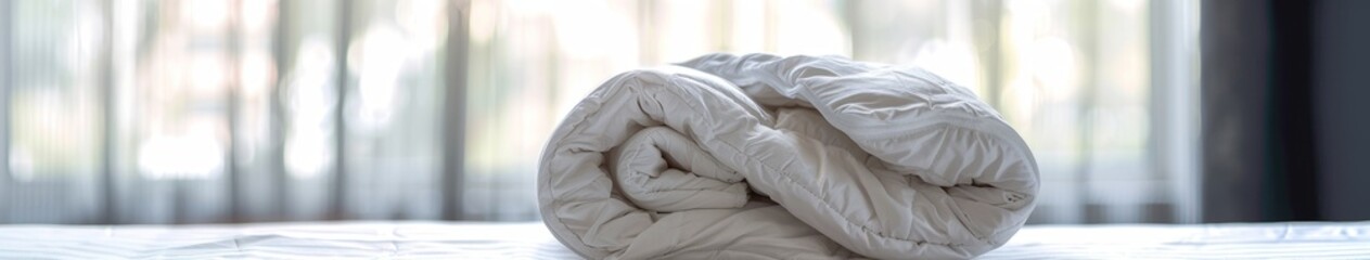 Comfortable White Folded Down Comforter on White Bed Background, Perfect for Winter, Home, Family Activities, Hotel or Home Textiles, Comfort, Interior Design, Brochure, AI-Generated High-Resolution W
