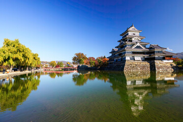 お堀の水鏡に映る美しい天守閣。
背後には雄大な日本アルプスの山脈が見える。
松本市の象徴、松本城。
日本に５つしかない国宝の城郭である。
市民に広く開放されていて、この位置からは１日中、無料で誰でも撮影することができる。
美しい長野の中核都市、松本市を歩く。
日本国長野県松本市 - 2021年11月7日。
