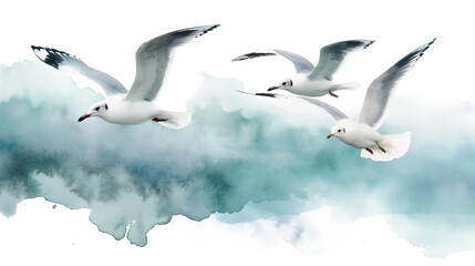Fototapeta premium Seagulls flying in the watercolor sky isolated on a transparent background