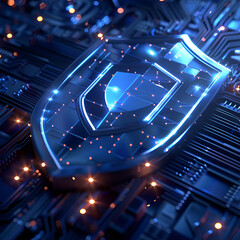 A shield on a circuit board with glowing lights.