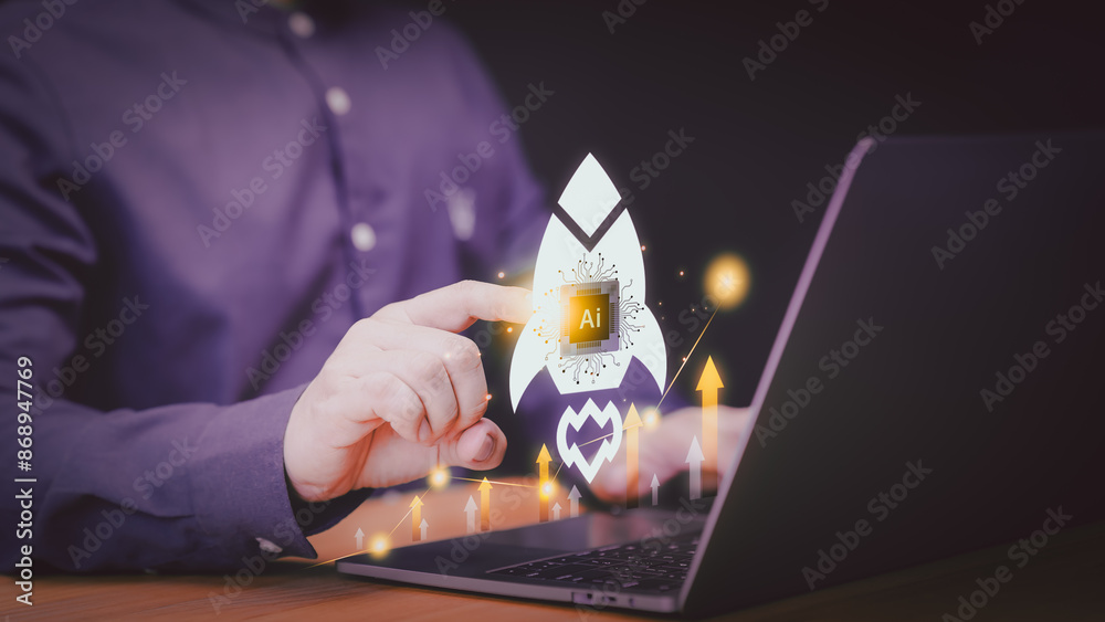 Poster Startup business concept, businessman use a laptop display virtual screen with rocket icon and upward arrow. Leveraging AI technology to facilitate the creation of a globally interconnected business.