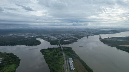 Kuching, Malaysia - July 1 2024: The Isthmus with the Twin Towers, Barrage and Borneo Convention Centre Kuching