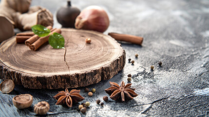 Natural wood and scented spice podium to showcase product authenticity aromatherapy candles that provide a soothing aroma.