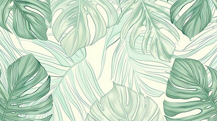 Fototapeta premium Tropical leaves background vector. Natural jungle monstera palm leaves design in minimal pale green color with contour line art style. Design for fabric, cover, decoration, wallpaper. Generative Ai