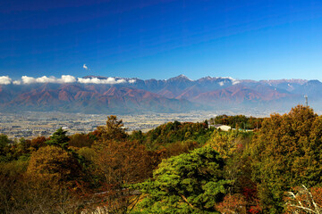 Fototapeta premium 展望台から眺める美しい壮大な日本アルプス山脈の山並み。 眼下には真っ赤に色づく紅葉が広がる。 松本市郊外にある芥子坊主農村公園。 標高800mほどの芥子坊主山の山頂にあり、展望台からは松本市街地を含む安曇野の盆地、北アルプスの山脈の連なりが一望できる。 壮大なパノラマである。 美しい長野の中核都市、松本市を歩く。 日本国長野県松本市 - 2021年11月7日。 