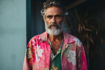 Portrait of an old man with gray beard and mustache in a colorful shirt