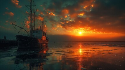 Fototapeta premium Fishing Boat in Vibrant Sunset Reflection