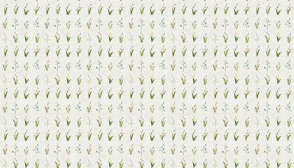 A pattern that features small flowers in square grid in pastel colors on white linen fabric, Each grid contains one lily of valley from various varieties