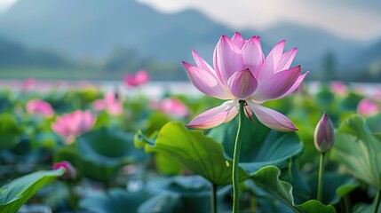 Fototapeta premium The lotus flowers are racing to bloom beautifully in the lake. This is a very popular flower