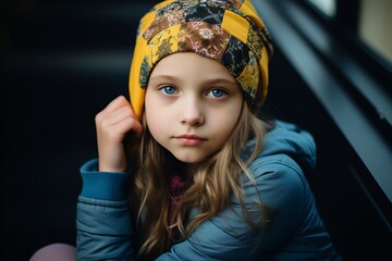 Portrait of a little girl in a yellow bandana on her head